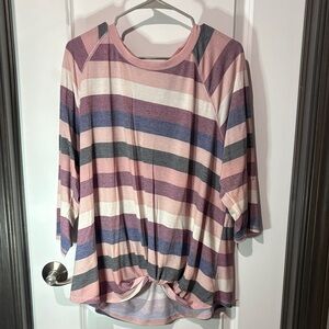 Striped Knot-Hem Relaxed Fit Top - Pink Multi